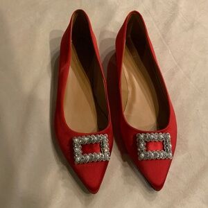 JCrew Red 9 Pointy Toe Flats with Crystal Holiday Party Date Festive
